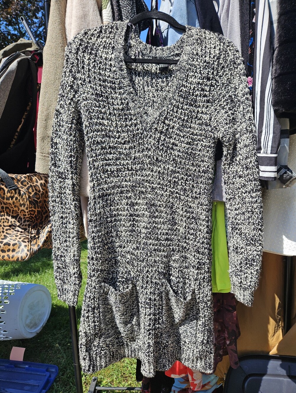 Cozy V-Neck Long Sleeve Knit Dress in Black and White